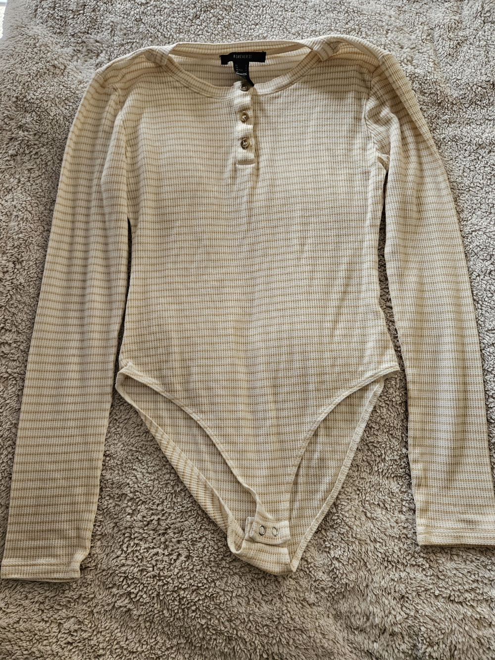 Forever 21 Cream Stripe Ribbed Long-Sleeve One-Piece for Women